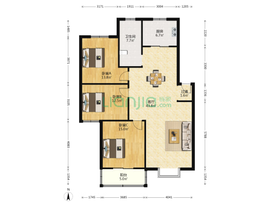 嵩山花园 3室1厅1卫 124平方