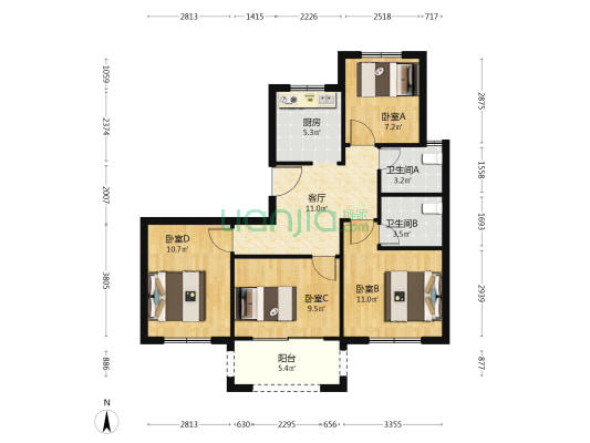 海富城市花园四期 4室1厅2卫 89平方
