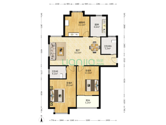 领秀华城 2室1厅2卫 130平方