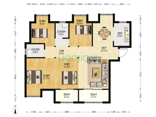 民发庞公别苑D区 4室1厅2卫 131平方