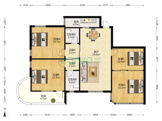 莱茵大厦 4室1厅2卫 136平方