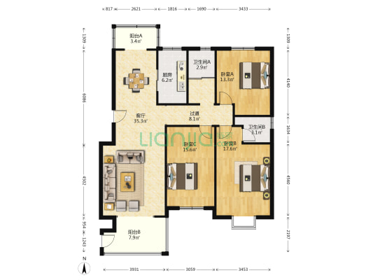 北湖南岸公寓 3室1厅2卫 143平方