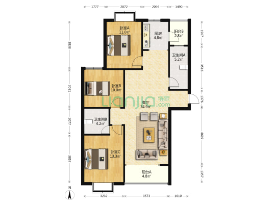 东郡华府 3室1厅2卫 125平方