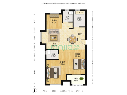 鸿翔龙悦湾 3室1厅2卫 91平方