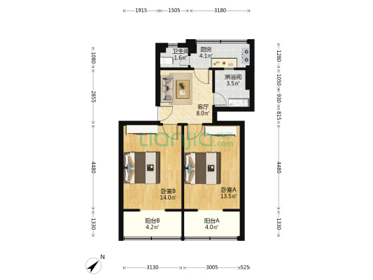 江汉北路108号 2室1厅2卫 65平方