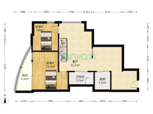 弘基广场 2室1厅1卫 82平方