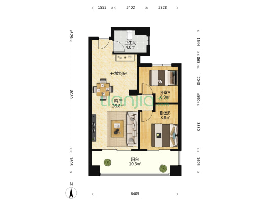 金地山海领誉 2室1厅1卫 74平方