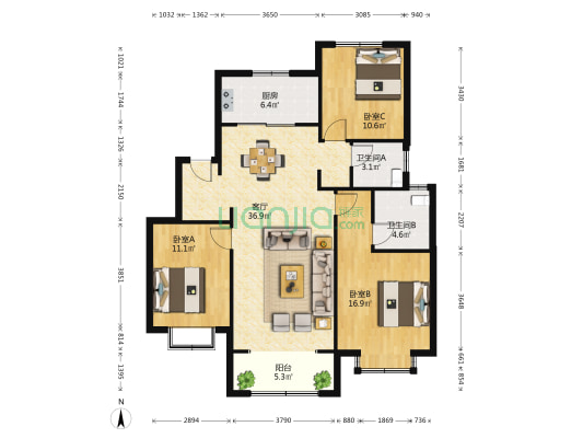 中新锦绣天地中苑三区 3室1厅2卫 131平方