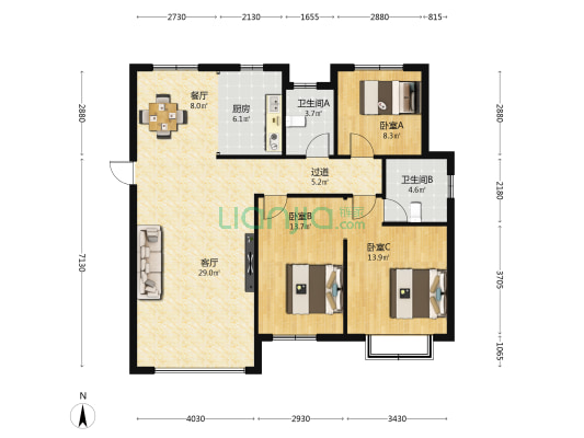 置地天中第一城上河苑 3室2厅2卫 132平方