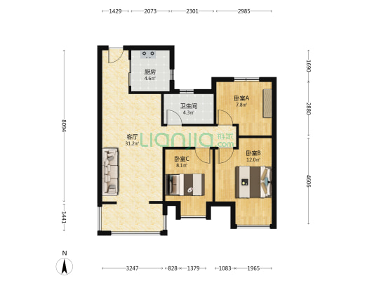 金色港湾君临水岸 3室1厅1卫 98平方