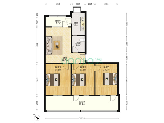 江盛路106号 3室1厅1卫 113平方