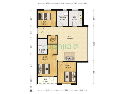 万科城市阳光 3室1厅2卫 119平方