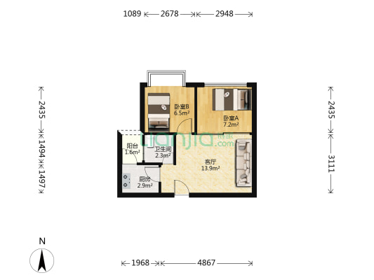 侨福大厦 2室1厅1卫 55平方