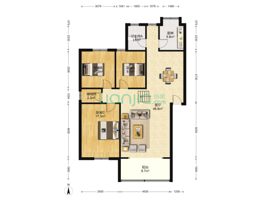 湖光山色 3室1厅1卫 120平方