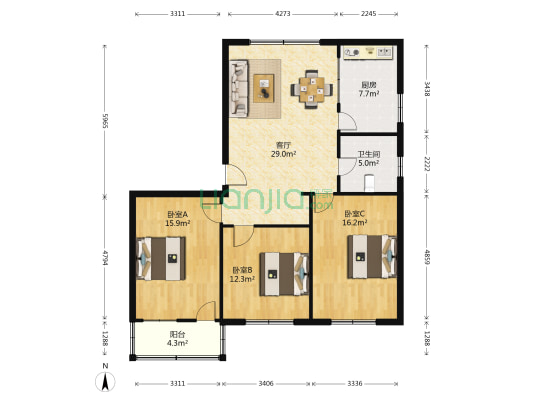 江海中路49号 3室1厅1卫 106平方