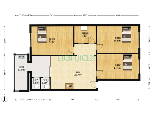 安居小区 3室1厅2卫 128平方