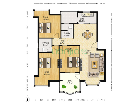 东方桃苑 3室1厅2卫 123平方