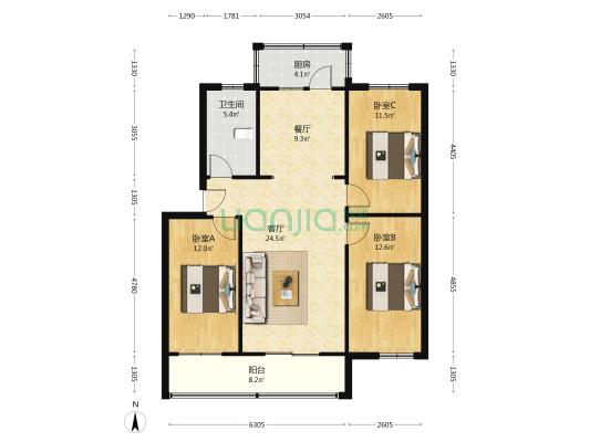 联合小区二号院 3室2厅1卫 108平方