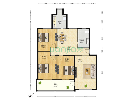 解放路345弄 3室2厅1卫 129平方