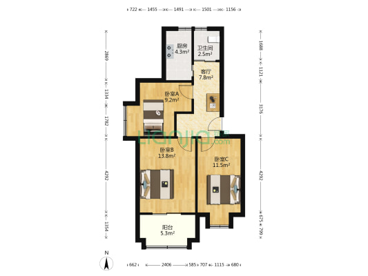 汇景家园景文苑 3室1厅1卫 65平方