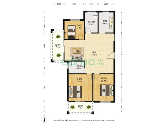 彩虹人家 3室1厅2卫 117平方