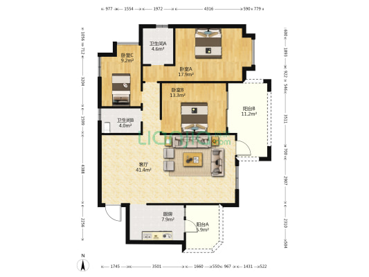 涧桥泊林 3室1厅2卫 133平方