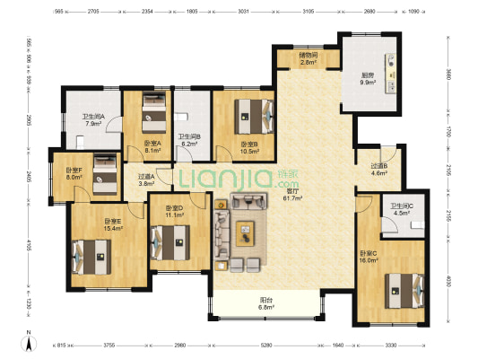 歌尔绿城玫瑰园 6室1厅3卫 208平方