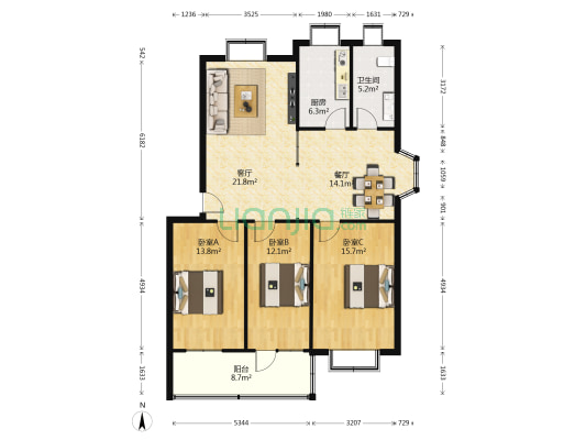红军大街19号 3室2厅1卫 117平方