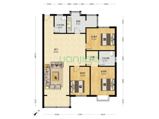 四联公寓 3室1厅2卫 135平方