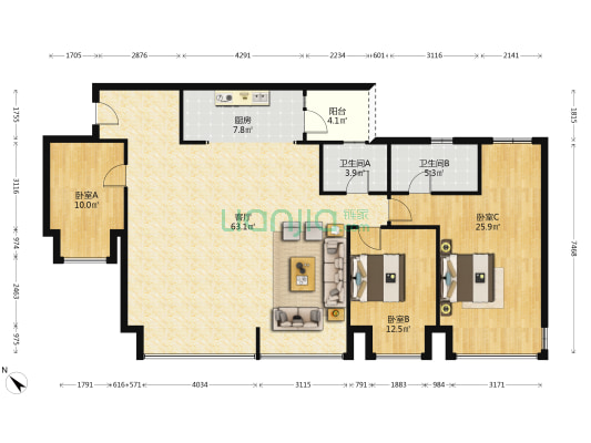 财信北滨壹品 3室1厅2卫 163平方