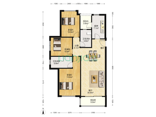 华润悦府F区 3室1厅2卫 119平方