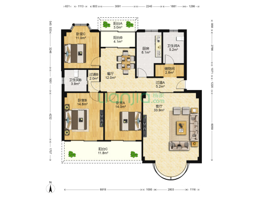 龙翔花园 3室2厅2卫 140平方