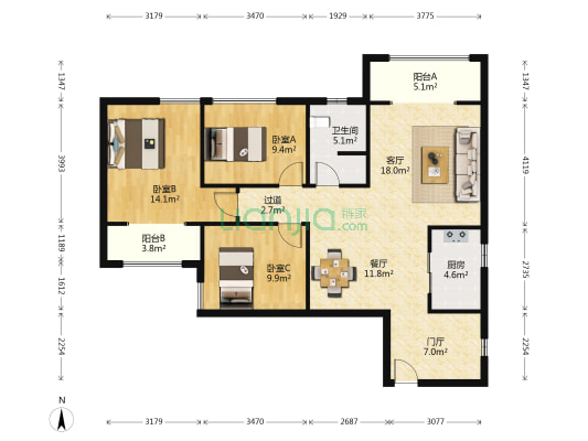 隆源国际城A区 3室2厅1卫 99平方