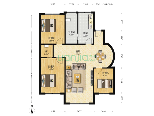 金谷园 3室1厅1卫 113平方