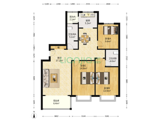 雁京.罗马花园 3室1厅2卫 143平方