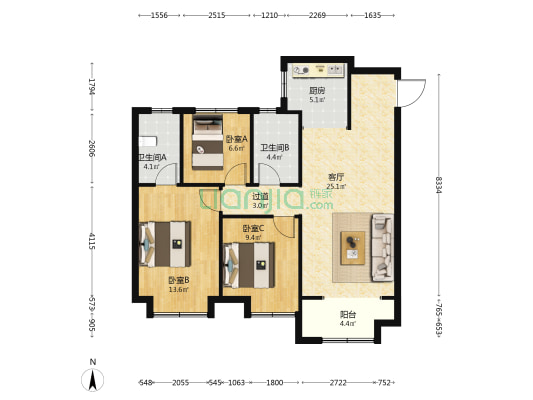 邯郸美的花溪谷 3室1厅2卫 110平方