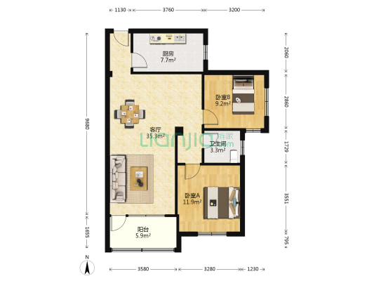 金华花园 2室1厅1卫 89平方