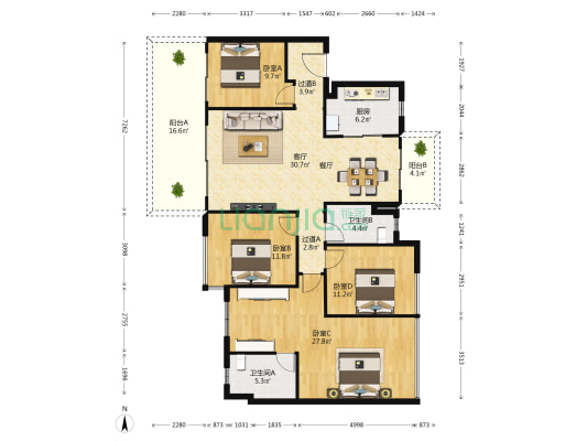南宁绿地城 4室1厅2卫 144平方