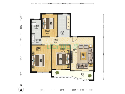 中杰花园东区 3室1厅2卫 107平方