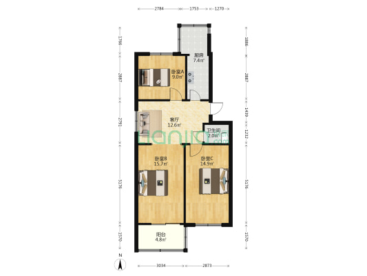 市二人民医院宿舍 3室1厅1卫 78平方