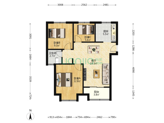 练祁佳城永泰嘉苑慈竹路608弄 3室1厅1卫 98平方