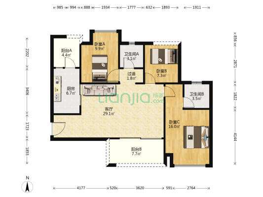 华南城巴南华府三期 3室1厅2卫 99平方