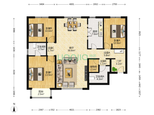西府颐园 3室1厅2卫 146平方
