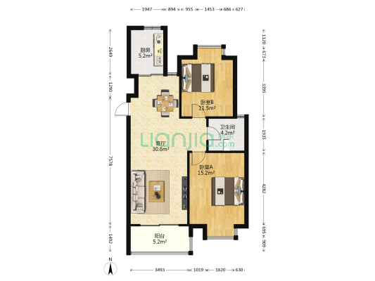 奥体新城木樨园 2室1厅1卫 94平方