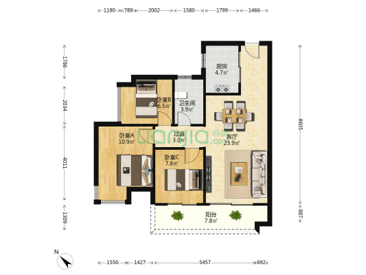 融创臻园 3室1厅1卫 87平方