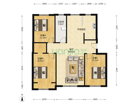 中海寰宇天下红郡 3室1厅1卫 115平方