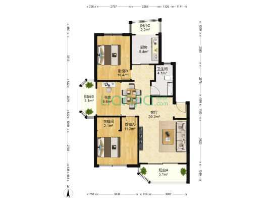 晨林花苑 3室1厅1卫 90平方