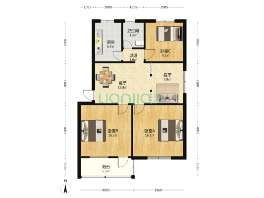 中行小区 3室2厅1卫 97平方