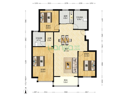 花园路5号小区 3室1厅2卫 124平方