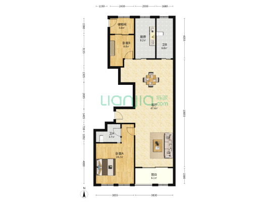 虹桥新天地北楼 2室1厅2卫 140平方